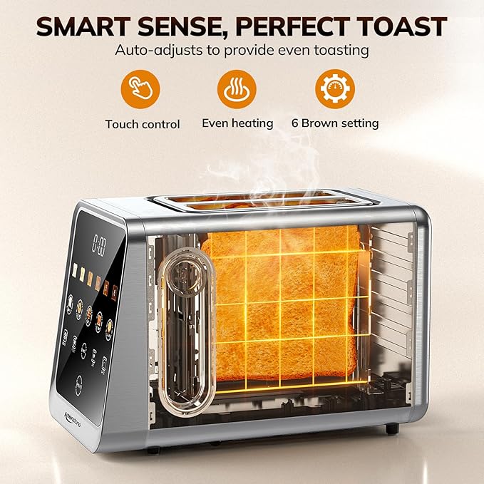 Keenstone Toaster 2 Slice, Digital Smart Toaster with TouchScreen | Dual Control Panel, Single Slot Toasting, Timer, Reheat & Defrost for Bagels, Bread, Waffles, Stainless Steel
