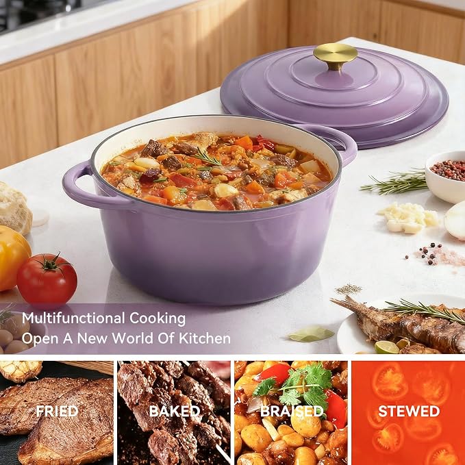 Miereirl 6 Quart Enameled Dutch Oven Pot with Lid, Cast Iron Dutch Oven with Dual Handles for Bread Baking, Cooking, Non-stick Enamel Coated Cookware, Purple