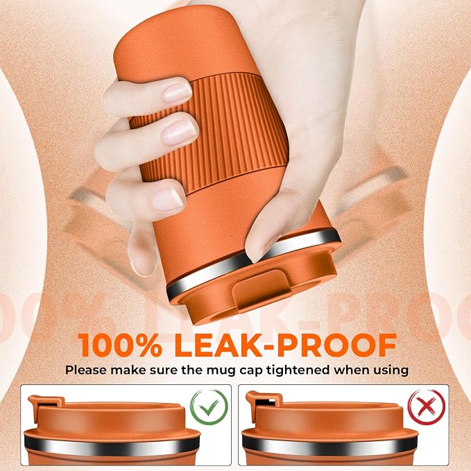 Insulated Coffee Tumbler 12 oz, Stainless Steel Coffee Mug with Lids, Travel Coffee Mug Leak Proof, Double Wall Vacuum Insulated Reusable Coffee Cup, Keep Drinks Hot and Cold (Orange, 12 Ounces)