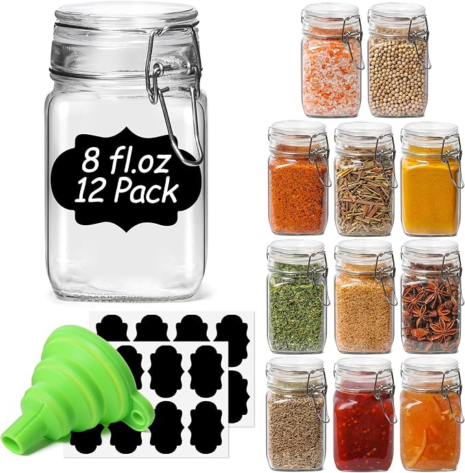 ComSaf Square Small 8 oz Glass Spice Jars with Airtight Lids 12 Pack Pantry | Jams herbs, Overnight oats, Pickling favors, Labels included, Funnel included, Pantry organization, Sourdough pickling