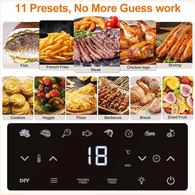 4.5QT Air Fryer Pizza Oven with 11 Presets Fits 11'' Pizza & 32 Chicken Wings, Flat Air Fryers with Dual Heating & Touch Display, Nonstick Crisps Airfryer for Cooking, Dehydrate, Reheat & More