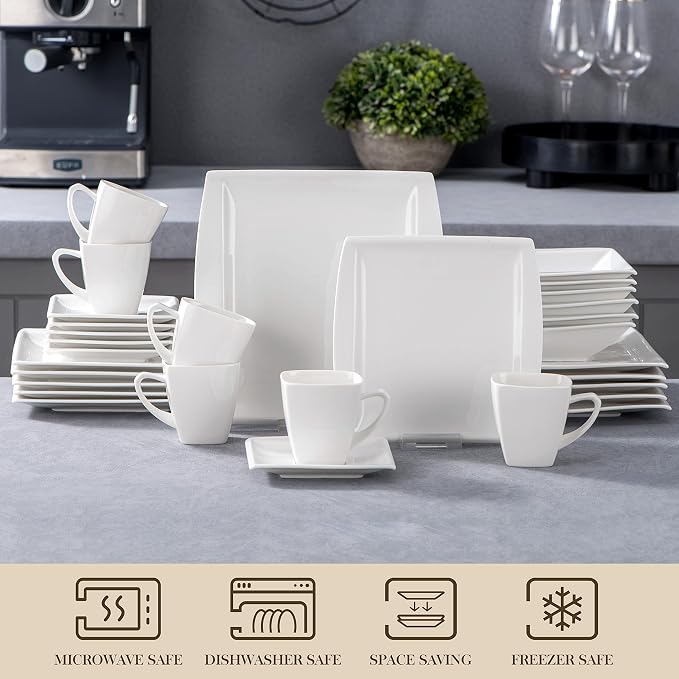 MALACASA 30 Piece Porcelain Dinnerware Set, Square Plates and Bowls for 6 | Complete with Plates, Bowls, Cups, Saucers, Microwave Oven and Dishwasher Safe Porcelain, Modern Square Design, Service for 6