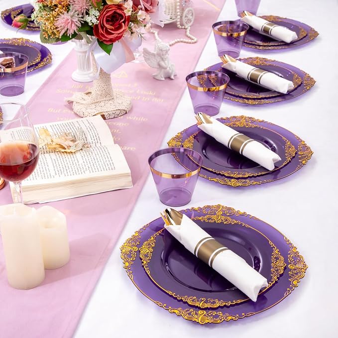 Nervure 175Pcs Purple Plastic Plates, Plastic Dinnerware Set for 25 Guests | 25 7.5" Dessert & 25 10.25" Dinner Plastic Plate, 75 Silverware, 25 Cups, 25 Napkin for Wedding & Party, BPA-free, Heavy-duty