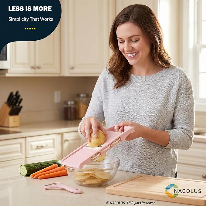 NACOLUS Mandoline Slicer for Kitchen Slicer Vegetable Cutter 5 In 1 Veggie Slicer Potato Slicer waffle fry cutter Hot Swap Mandolin with Peeler for Vegetables Carrot Shredder Cucumber Slicer - Pink | slicer vegetable cutter,hot-swap self-storage,effici...