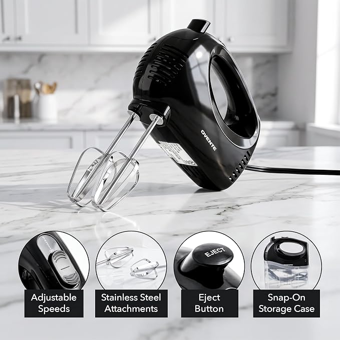 OVENTE 5-Speed Electric Hand Mixer with Storage Case,150W, Black HM151B | Stainless Steel Whisks, Compact Portable Design, Lightweight Handheld Mixer for Baking & Cooking