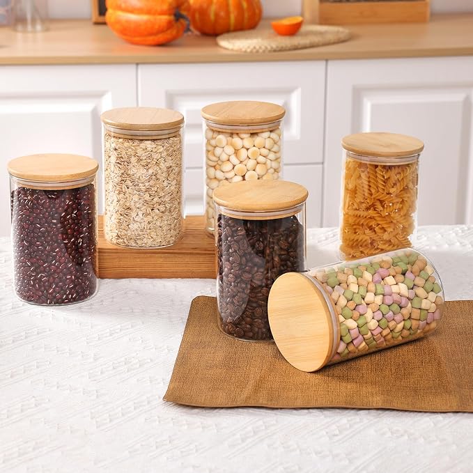 6pcs Glass Food Storage Containers with Bamboo Lids, 1qt Glass Jars | Airtight Pantry Storage Jars for Flour, Sugar, Dry Goods