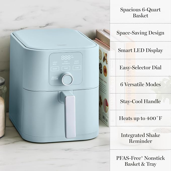 Martha Stewart 6-Quart Air Fryer, 6 Presets, Space Saving, Sky Blue | 3lb Capacity, PFAS-Free Ceramic Nonstick Basket & Tray, Bake, Roast, Broil, Dehydrate, Reheat, Shake Reminder, Heat up to 400