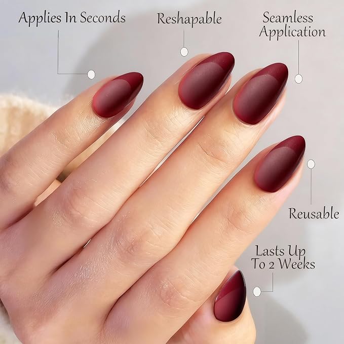 Press On Nails, Dark Red, Short Almond | Glossy French Tips, Matte,salon quality