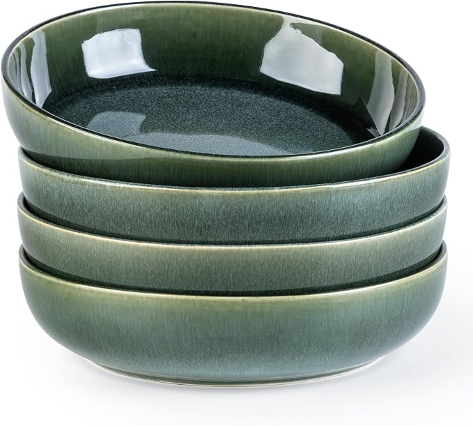 GBhome 8.75'' Large Ceramic Pasta Bowls, 38oz Stoneware Pasta Serving Bowls Set of 4 for Kitchen, Wide Bowls for Fruit,Pasta,Salad,Oatmeal,Meal, Microwave Safe, Reactive Glaze-Earth Green