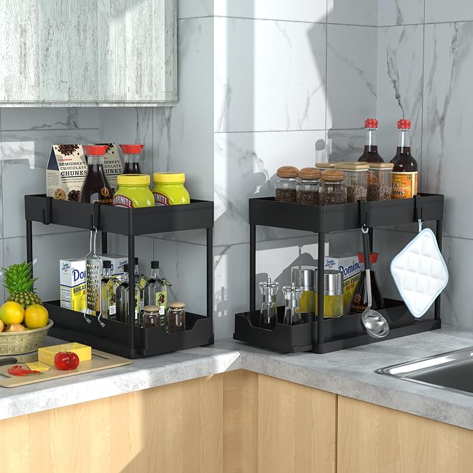 Under Sink Organizer 2 Pack,2 Tier Slide Out Storage for Kitchen Bathroom | Multi-purpose Under Cabinet Storage Rack Fit Kitchen Sink, Bathroom Vanity, Easy Assembly