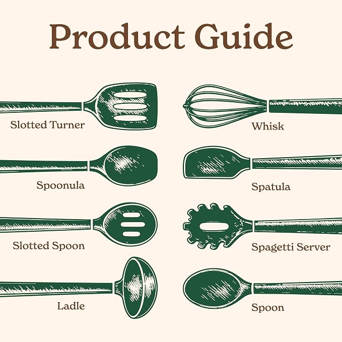 Country Kitchen Non Stick Silicone Utensil Set with Rounded Wood Handles for Cooking and Baking, 8 Piece Set, Green