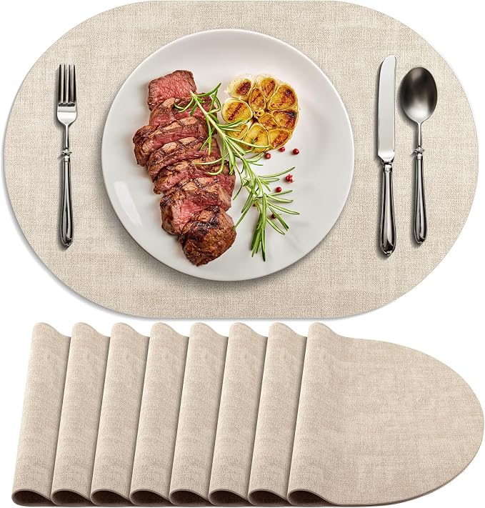 Placemats for Dining Table Set of 8 Non-Slip, Heat Resistant Oval Leather Placemat Double Layer, Waterproof Table Mats Easy to Clean for Kitchen Dining Room Coffee Office Table, Beige