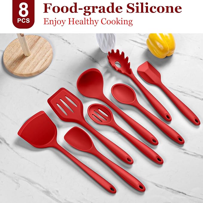 LIANYU 8Pcs Kitchen Cooking Utensils Set, Red Silicone Spatula Utensils | Metal Core, Non-Toxic Cooking Gadgets Tools for Non-stick Cookware, Heat Resistant & Dishwasher Safe