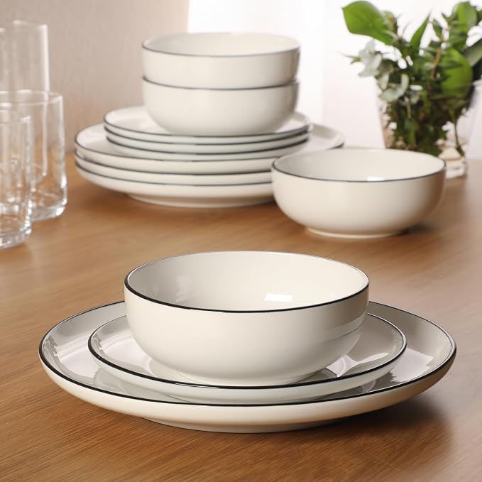 Gibson Home Havenstone 12-Piece Dinnerware Set – Dinner Plates, Salad Plates & Bowls, Classic White With Black Rim Everyday Dish Set for Home, Kitchen, Microwave & Dishwasher Safe