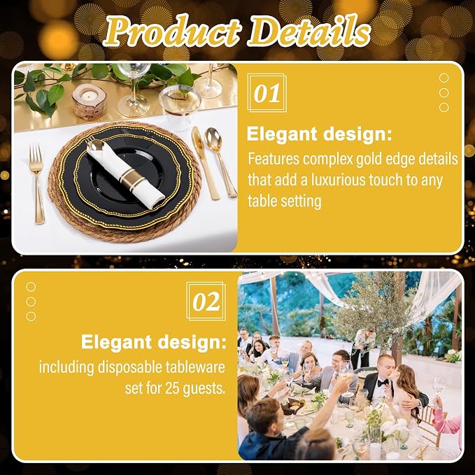 175 Pcs Black and Gold Plastic Plates Wedding & Party | Gold Plastic Dinnerware Set Includes 25 Dinner Plates, 25 Dessert Dinnerware, 25 Cups, 25 Napkins Perfect