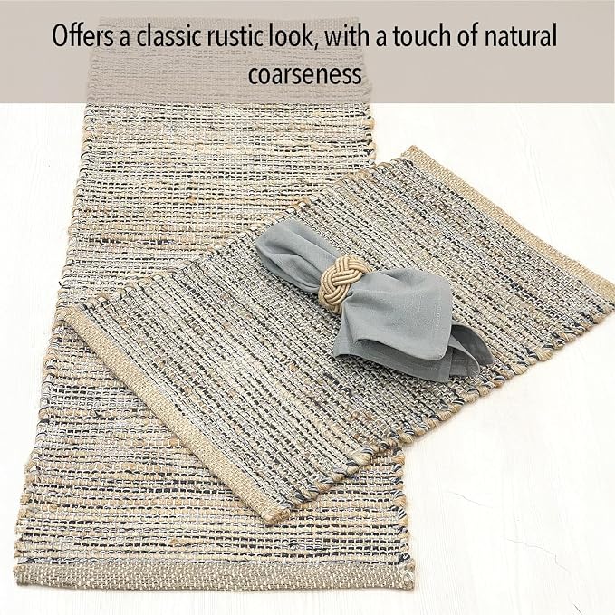 Natural Jute Table Runner 13x48 Inch – Vintage Boho Rustic Table Decor – Handwoven Table Runner in Natural Jute and Grey – Farmhouse Dining or Console Table Accent