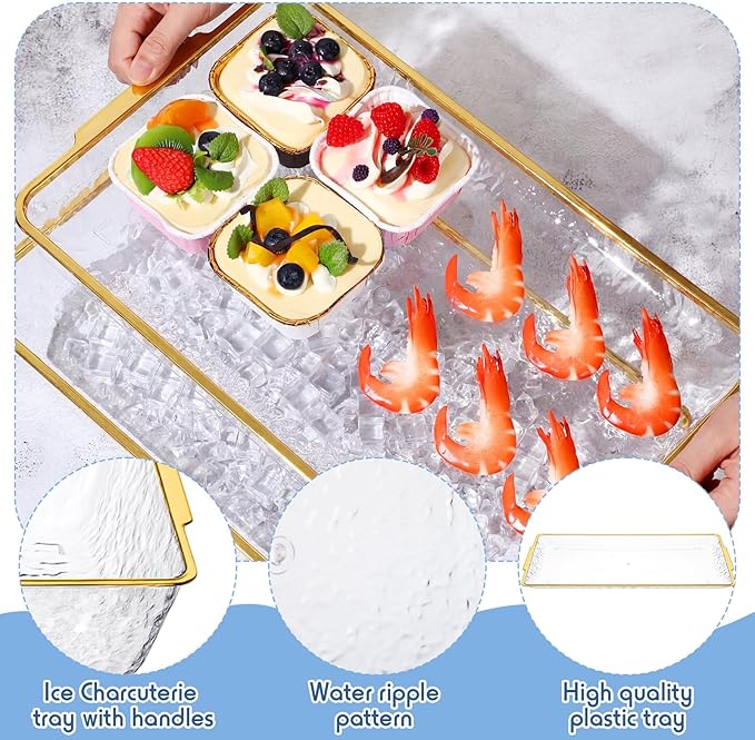 2 Set 16" x 9" Chilled Serving Tray with Compartments,Gold Rim | Ice Chilled Party Platter, Charcuterie Serving Board, Cold Dish Dip Tray for Fruit, Seafood, Vegetable, Appetizer