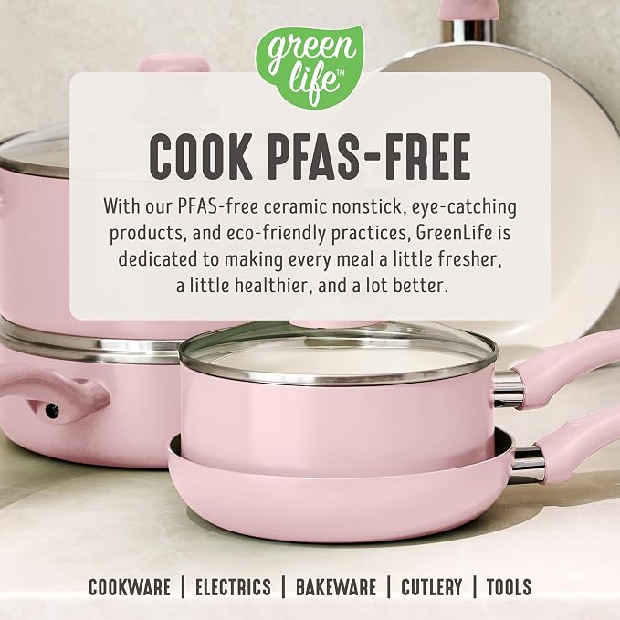 GreenLife 2 Piece (8" & 10") Ceramic Nonstick Skillet Set, Blush Pink | PFAS-Free Nonstick Coating, Frying Pans, Omelet Pans, Everyday Pan, Induction Ready, All Stovetop Compatible, Dishwasher Safe