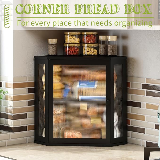 BMOSU Corner Bread Box for Kitchen Countertop Double Layer Bamboo Wooden Bread box Large Capacity Bread Storage Bin(Black, Extra Large)