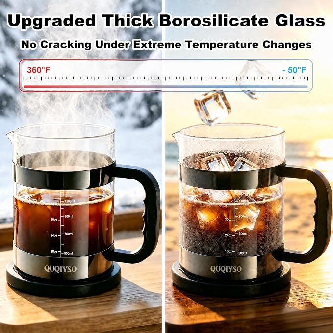 QUQIYSO French Press Coffee Maker 51oz, Large French Press, Thickened Glass | Borosilicate Glass Plastic Free Coffee Maker, Easy to Clean,4 Filter, Coffee Press Suitable for Kitchen Party(Dark Pewter)