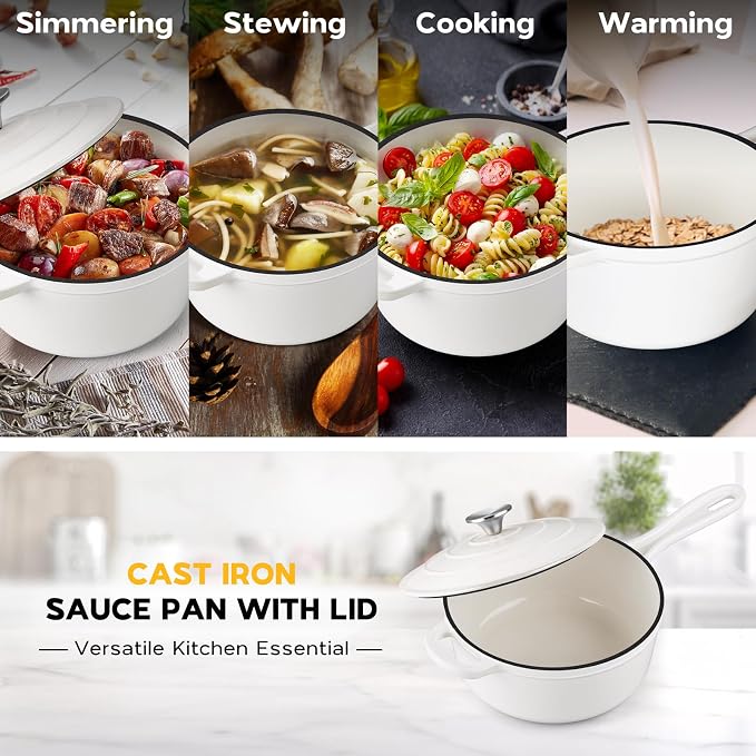 Onader Enameled Cast Iron Saucepan, 3 QT Sauce Pan with Lid, Cast Iron Small Sauce Pot for Cooking, Enamel Dutch Oven Nonstick, Induction Compatible, Heavy Duty – White