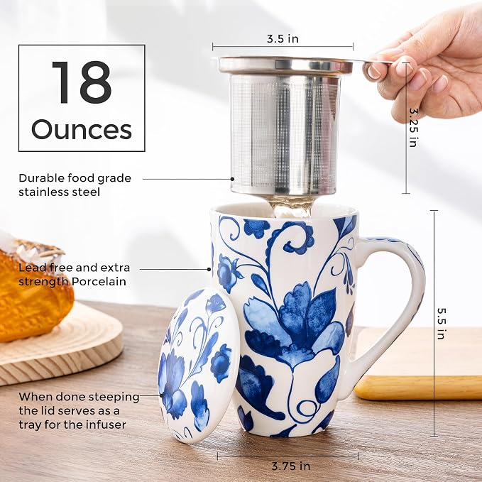 GBhome Tea Mug with Infuser and Lid,18 Ounce Ceramic Loose Leaf Cup Steeper | Lead-Free Glaze For Tea Lovers,Microwave & Dishwasher Safe with Tea Strainer