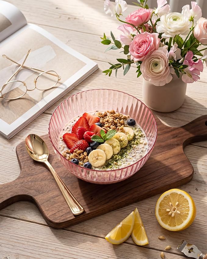 bUCLA 12 PCS Plastic Cereal Bowls Set - 28 Oz Clear Pink Disposable Vertical Stripes Serving Bowls for Snack, Salad, Dessert & Fruit