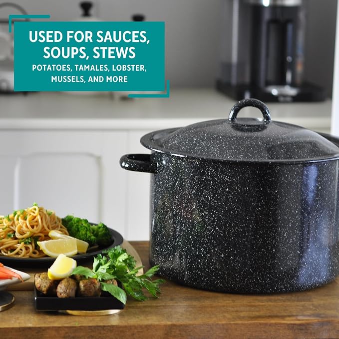 MIRRO 7.75 Qt Enamel Stock Pot for Canning, Black | Smooth Glass Enamel Coating, Perfect for Soups and Stews