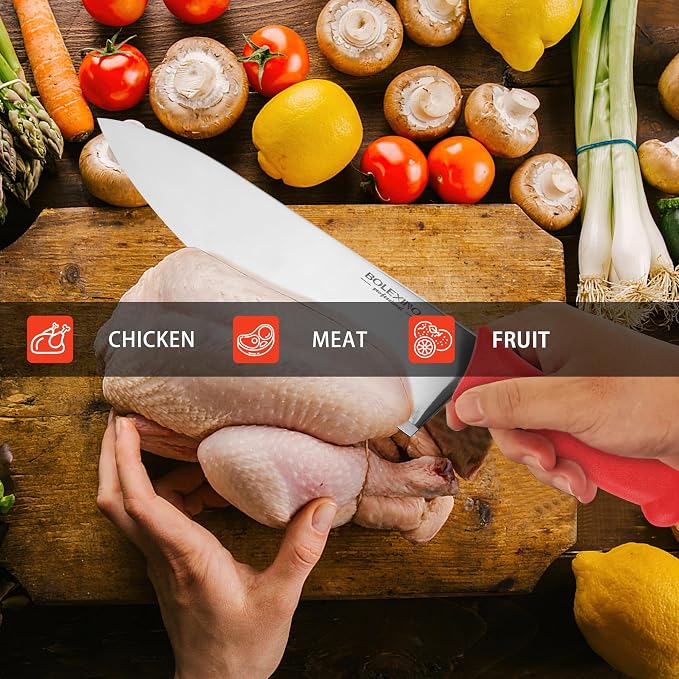 10" Professional Chef Knife, High Carbon Steel, Ergonomic (Red) | 10" High Carbon Stainless Steel,Versatile wide-blade chef knife,Non-Slip Ergonomic Handle,Durable, Stain-Resistant & Sharp.