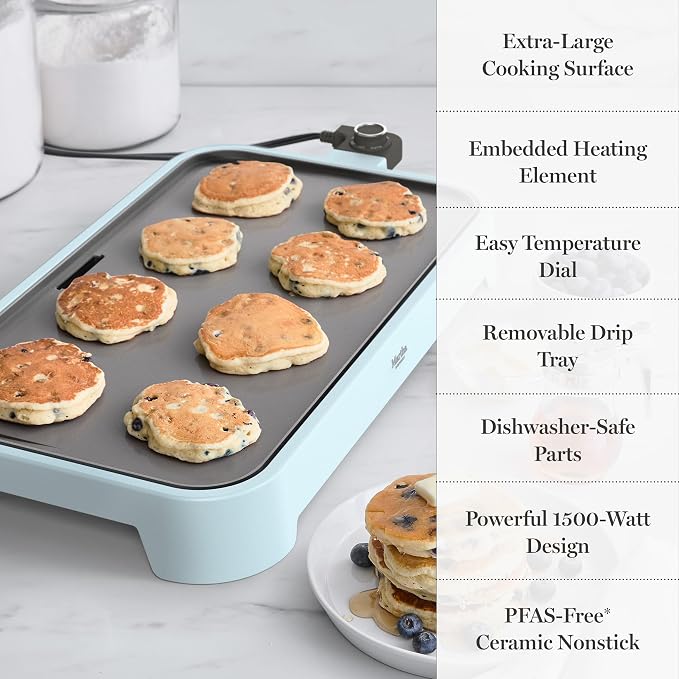 Martha Stewart 12"x 22" XL Electric Griddle, Ceramic Nonstick Flat Top | PFAS-Free Nonstick Grill, XL Cooking Surface for Pancakes & Eggs, Adjustable Temp Dial, Drip Tray, 1500W Heating, Sky Blue