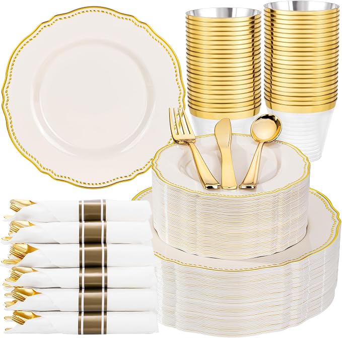 350 Pcs Ivory Gold Plastic Plates Wedding & Party | Gold Plastic Dinnerware Set Includes 50 Dinner Plates, 50 Dessert Dinnerware, 50 Cups, 50 Napkins