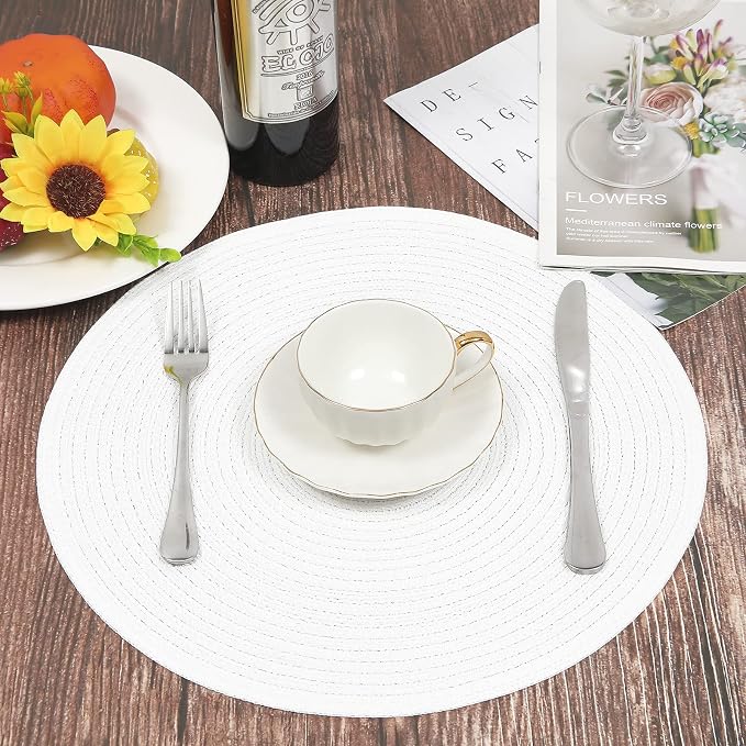 SHACOS Round Braided Placemats Set of 4 Washable Round Table Mats for Dining Table 15 inch (White, 4)