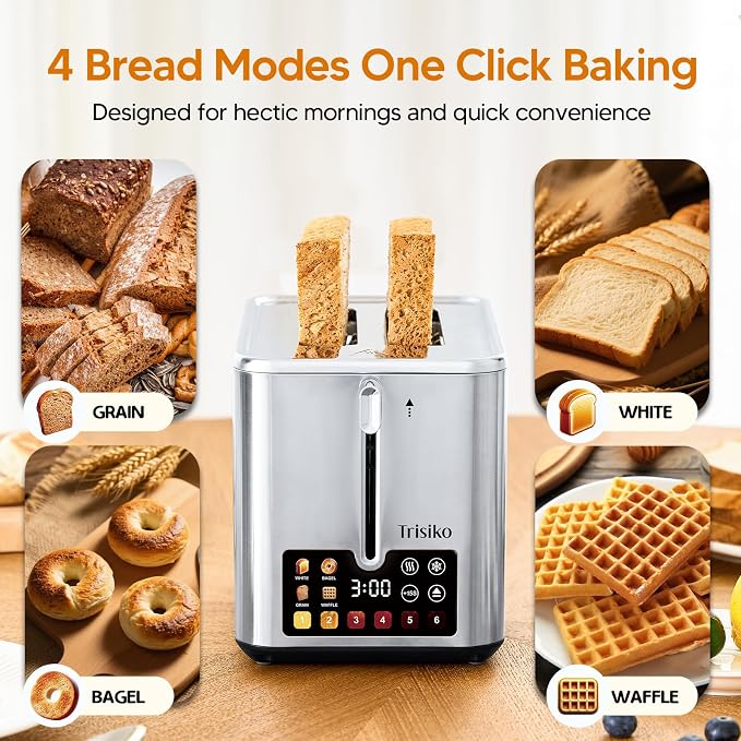 Smart Touch Screen 2 Slice Toaster, Wide Slot,Stainless Steel | 900W digital toaster with 6 shade levels, bagel, defrost, reheat, cancel, crumb tray, and cord wrap for small kitchens