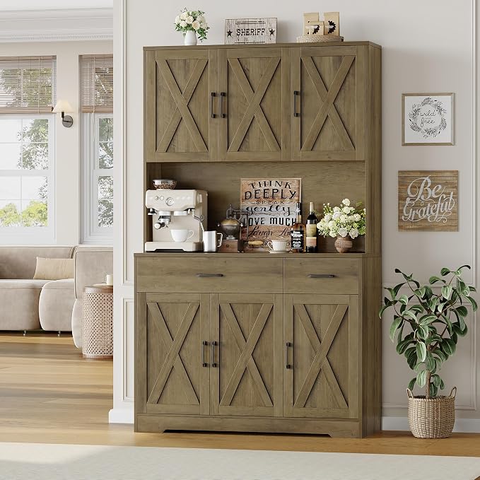 HOSTACK 71" Kitchen Pantry Storage Cabinet, Farmhouse Kitchen Hutch Cabinet | with Charging Station / 2 Drawers / Countertop / Adjustable Shelves, Free Standing Food Pantry Cabinet, Dining Room, Brown