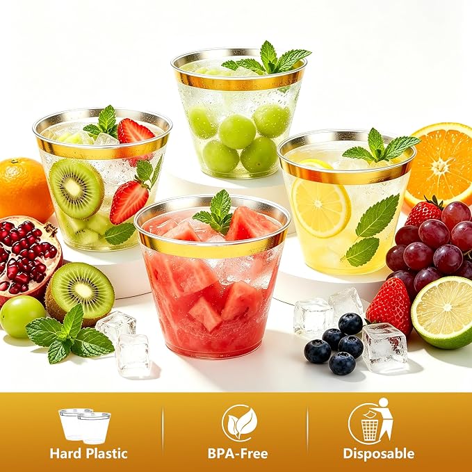 20 Pcs Plastic Cups 9oz, Disposable Stemless Wine Glasses Gold Copas Clear Gold Rimmed Classic Cocktail Cup Champagne Flutes Party Cups for Birthday Valentine's Galentine's Day Wedding Christmas