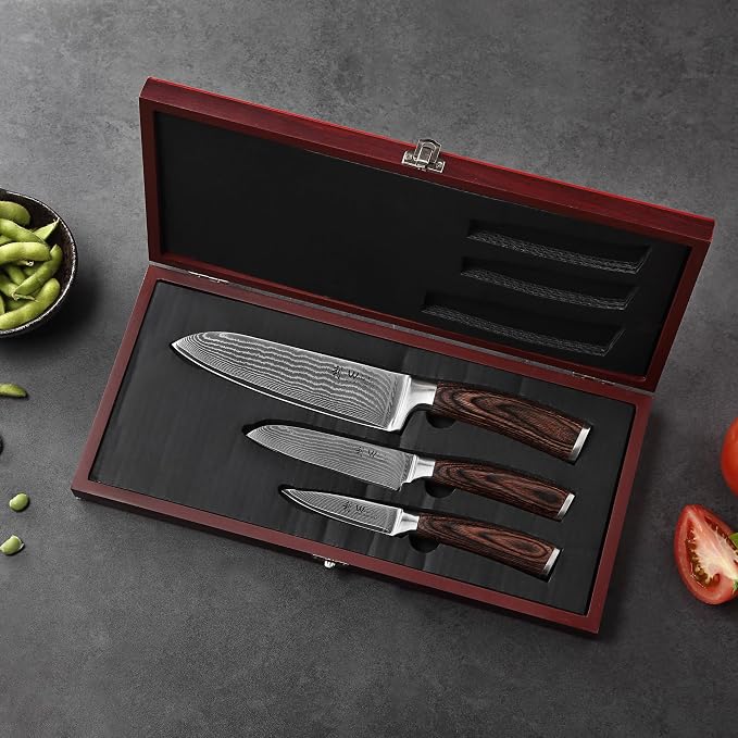 Wakoli EDIB 3-Piece Damascus Kitchen Knife Set in Wooden Gift Box | VG10 Core, 67-Layer Genuine Damascus Steel, 60 ± 2 HRC, Santoku, Utility and Paring Knife, Pakkawood Handles