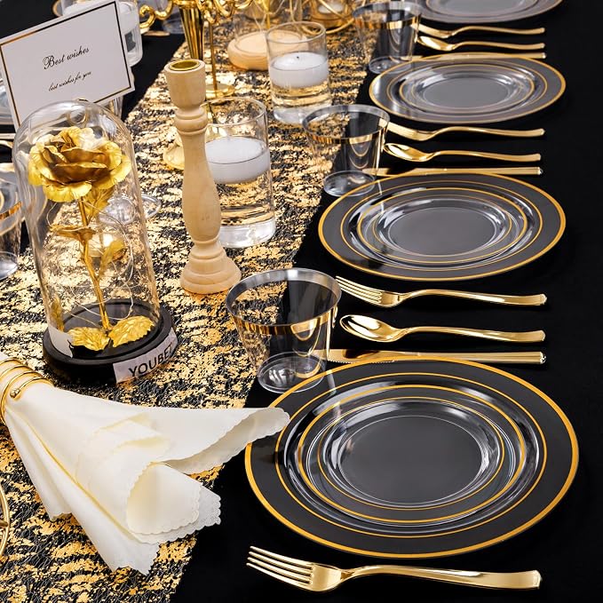 WELLIFE 600pc Gold Trim Plastic Dinnerware Set for Party: 100 Dinner Plates, 100 Dessert Plates, 300 Cutlery, 100 cups