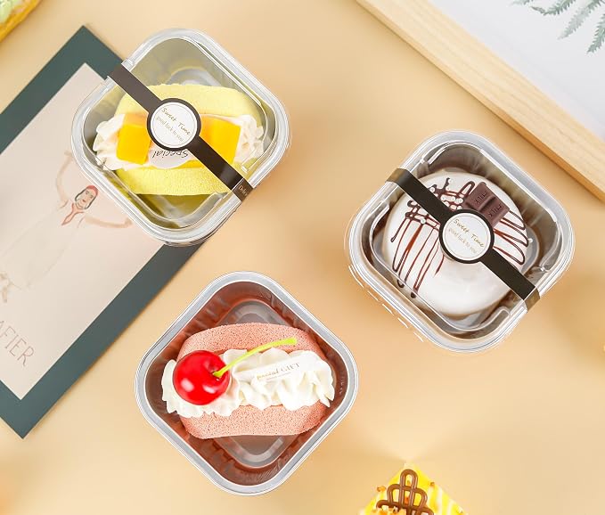 NPLUX Square Foil Cups with Lids, 50 Pack Champagne 5oz for Weddings | Fits tartlets, pudding desserts, loaf slices and sweet samples; compact shape makes tray planning easier.