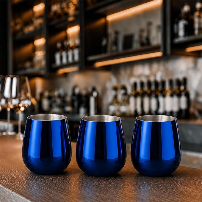 K&K Home Stainless Steel Unbreakable Stemless Wine Glasses - 15 oz - Set of 4 Colored, Stemless Metal Wine Glasses Perfect for Outdoors, Weddings, and Parties (Shiny Blue)