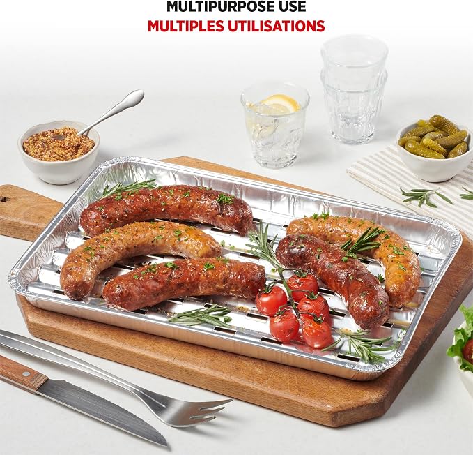 Starfrit Aluminum Grilling Trays, 30-Pack, 13.5 x 9 in, Disposable | Heavy-duty aluminum. Ideal for BBQ. Prevents food loss. Disposable. Recyclable. Made in Canada.