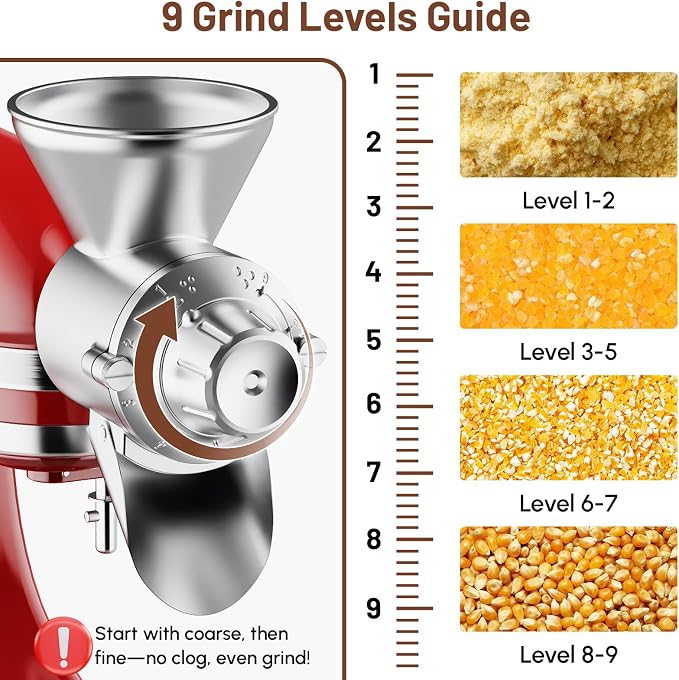 HOZODO Grain Mill Attachment for KitchenAid Stand Mixer, All Metal | 9-Level Flour Mill for KitchenAid, Fully Dried Low-Moisture, Low-Oil Grains, Corn, Millet & Wheat