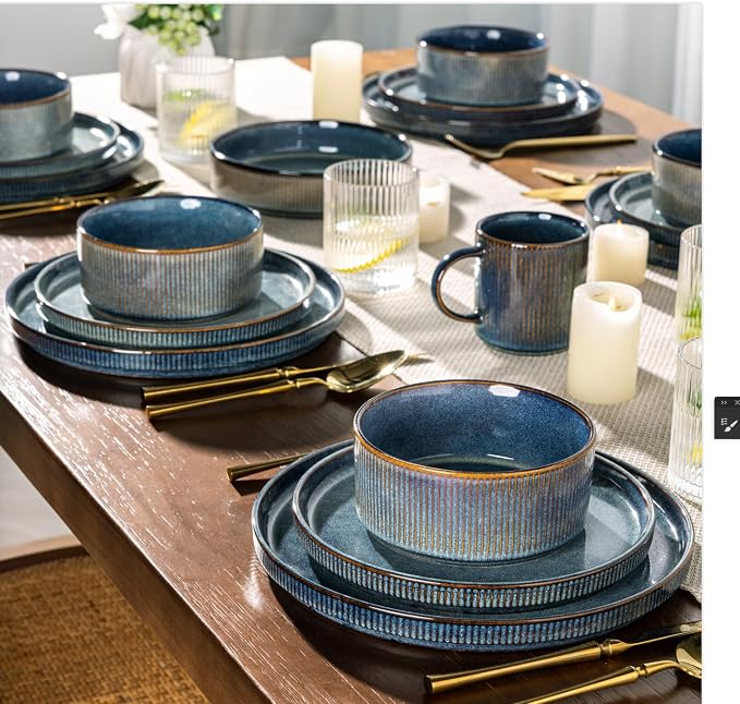 GBHOME Stoneware Dinnerware Sets for 4, 12-Piece Plates and Bowls Set | Handmade Reactive Glaze Ceramic Dish Set, Scratch Resistant, Dishwasher&Microwave Safe,Ceylon Blue