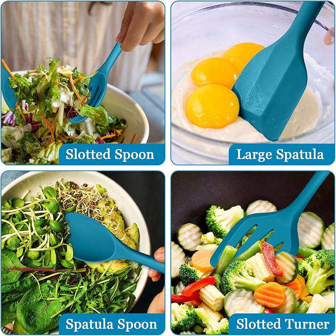 LIANYU Non-Toxic Kitchen Cooking Utensils Set, 8Pcs Blue Silicone Tools | Heat Resistant Cooking Gadgets for Nonstick Cookware, Includes Silicone Spatula, Ladle, Spoon Turner, Dishwasher Safe