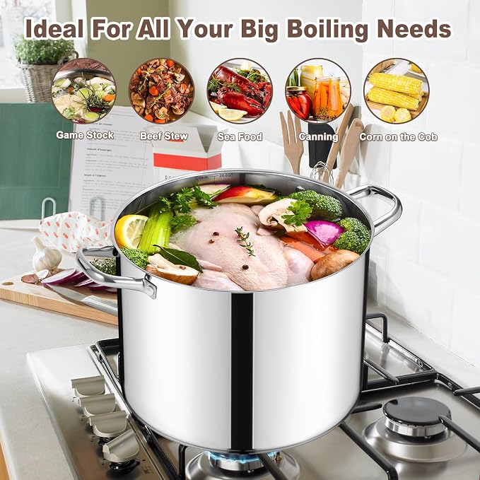 E-far 20 Qt Large Stock Canning Pot, Stainless Steel Stockpot with Lid for Boiling Cooking Soup Stew, Heavy Duty Tri-Ply Bottom Works w/Induction, Commercial Grade & Dishwasher Safe