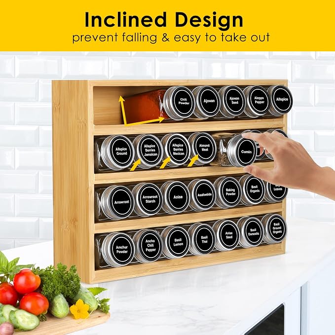 Bamboo Spice Rack Organizer With 28 Glass Spice Jars 4 oz, for Countertop | 780 Labels, 4 Tier Wood Hanging Shelf, Chalk Marker and Funnel Set for Drawer Cabinet Kitchen Wall Mount, Empty 4 oz Jars