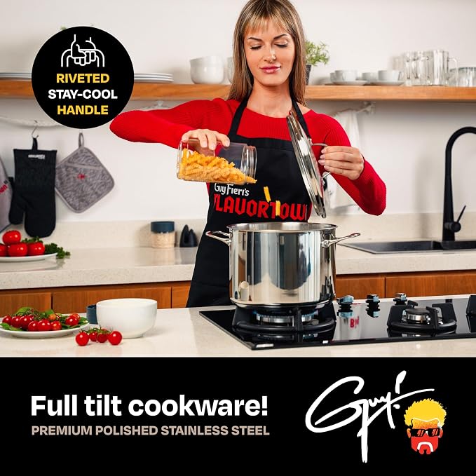 Guy Fieri's Flavortown 8-Quart Stainless Steel Stock Pot with Glass Lid | Tri-Ply Base For Even Heating. Oven And Dishwasher Safe, Compatible With Induction, Gas And Electric Cooktops
