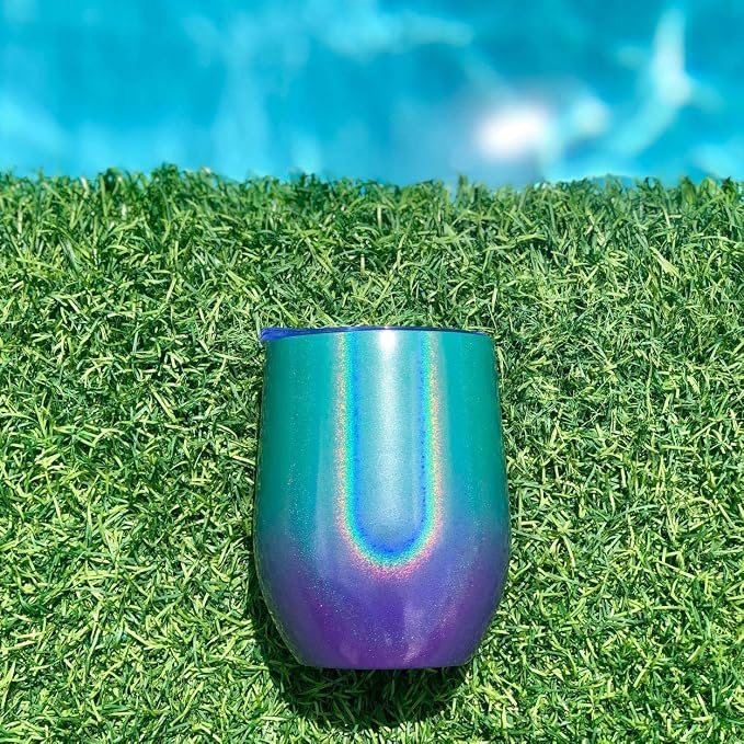 CHILLOUT LIFE 12 oz Stainless Steel Wine Tumblers 4 Pack - Double Wall Vacuum Insulated Wine Glasses Cups with Lids and Straws Set Keeping Cold & Hot for Coffee, Beer, Ice Cream - Mermaid Sparkle