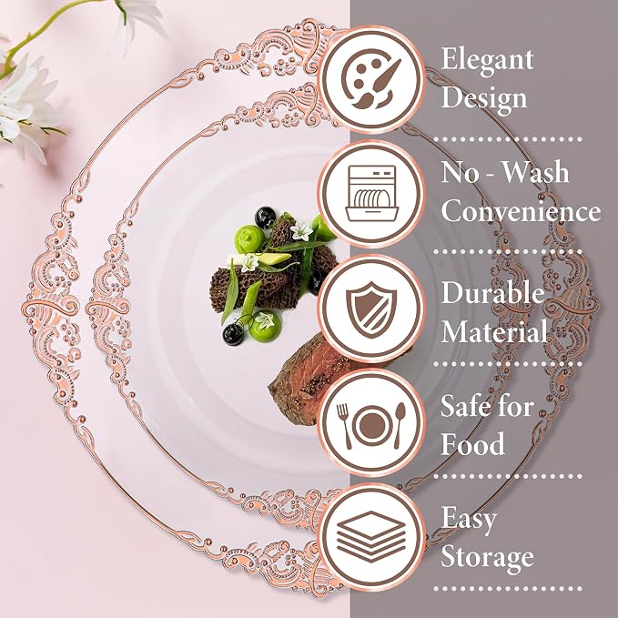 Nervure 175Pcs Rose Gold Plates, Disposable Party Plates for 25 Guests | 25 7.5" Dessert & 25 10.25" Dinner Plastic Plates, 75 Gold Silverware, 25 9oz Cups, 25 Napkin for Wedding & Party, Heavy-duty