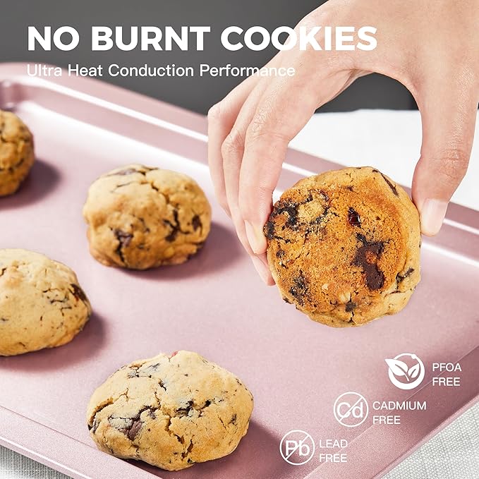 Baking Sheet Pan Set, Cookie Sheet for Oven, Nonstick Bakeware Sets with Wider Grips, 3 Pack Half/Jelly Roll/Quarter Baking Tray, Premium, Dishwasher Safe-Pink