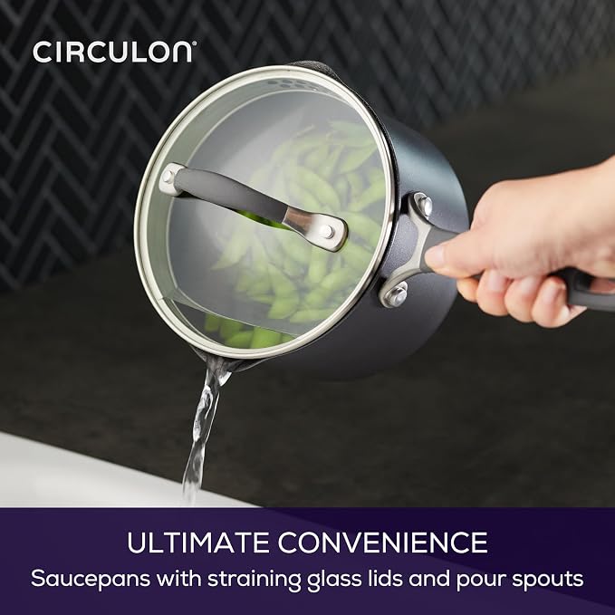 Circulon A1 ScratchDefense Nonstick Saucepan with Lid, 2-Quart, Induction | Straining Lid For Easy Draining, Durable Nonstick Coating For Everyday Cooking, in Graphite